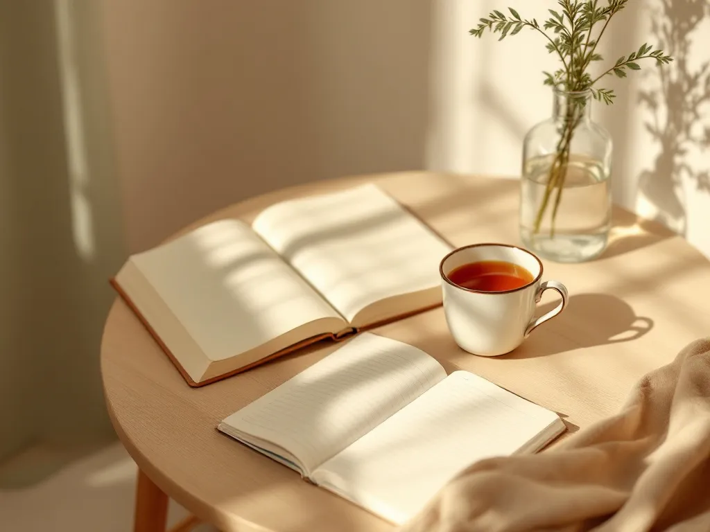 Taza de té y un cuaderno abierto sobre una mesa de madera, con una rama verde y luz natural cálida