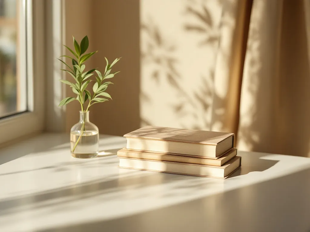Pila de libros junto a una rama verde en un jarrón de vidrio, luz natural cálida