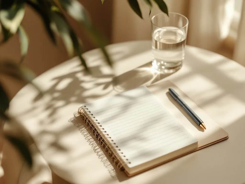Cuaderno de espiral abierto con un lapicera y un vaso de agua, luz natural cálida