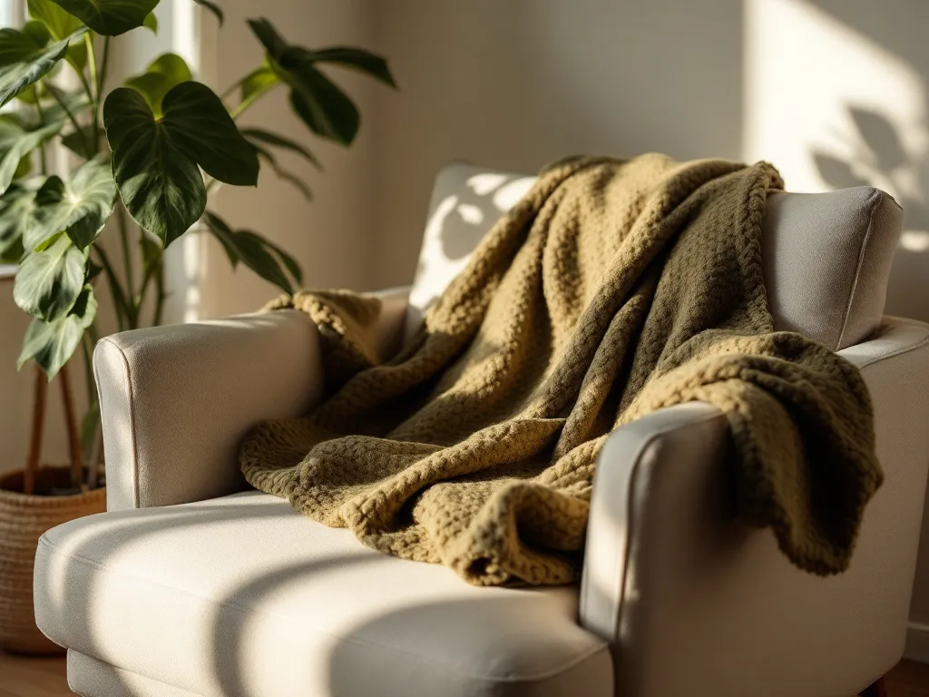 Sillón cómodo con una manta tejida verde oliva y una planta al lado, luz natural cálida